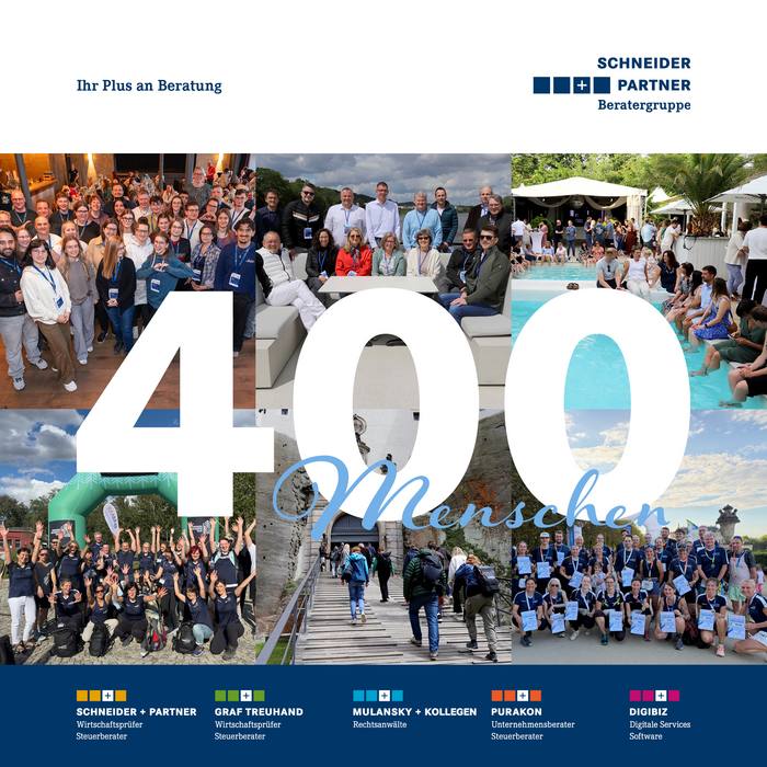Collage mit Mitarbeitenden der SCHNEIDER + PARTNER Beratergruppe bei gemeinsamen Sport-, Team- und Firmenveranstaltungen; darüber die Zahl 400 und der Schriftzug „Menschen“.